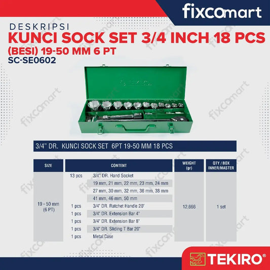 Tekiro Socket Set 3/4 inch 18 Pcs 19-50 mm 6PT Box Kaleng FIXCOMART