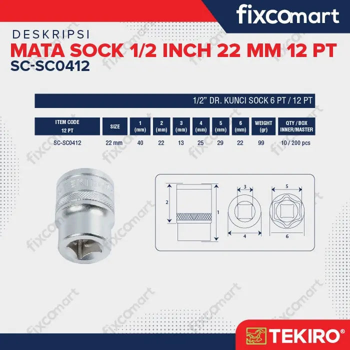 Tekiro Socket 1/2 inch 22 mm 12 PT FIXCOMART