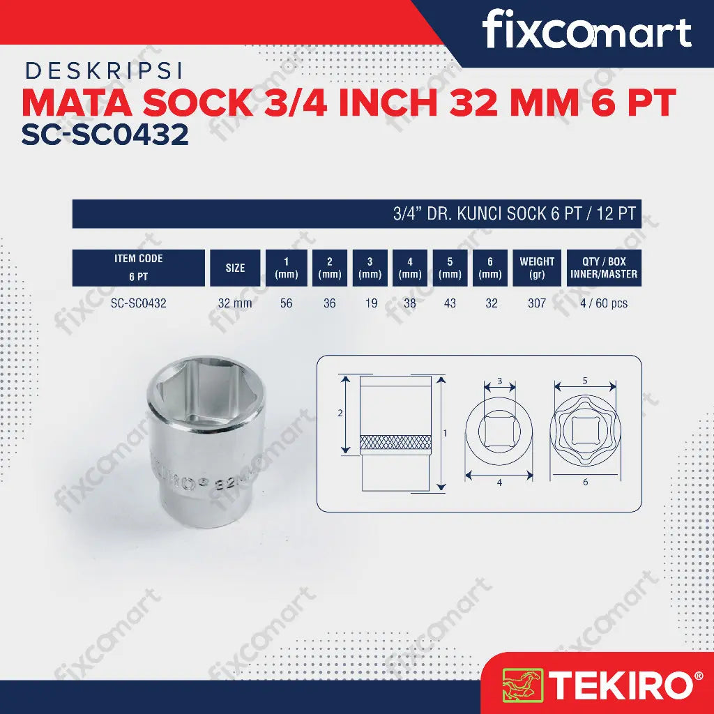 Tekiro Socket 3/4 inch 32 mm 6 PT / Mata Sock 3/4 Inch FIXCOMART