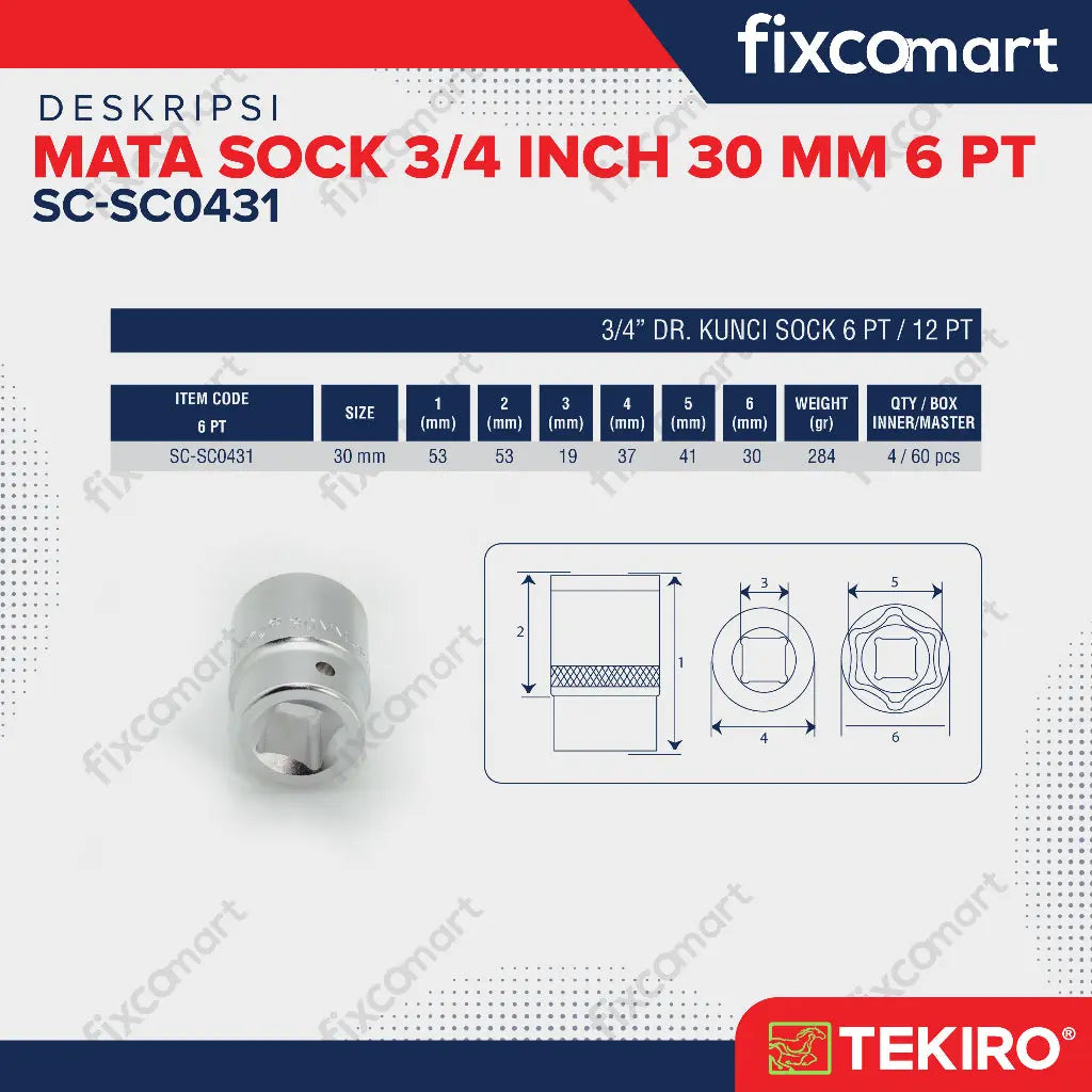 Tekiro Mata Sock 3/4 Inch 30 mm 6 PT FIXCOMART