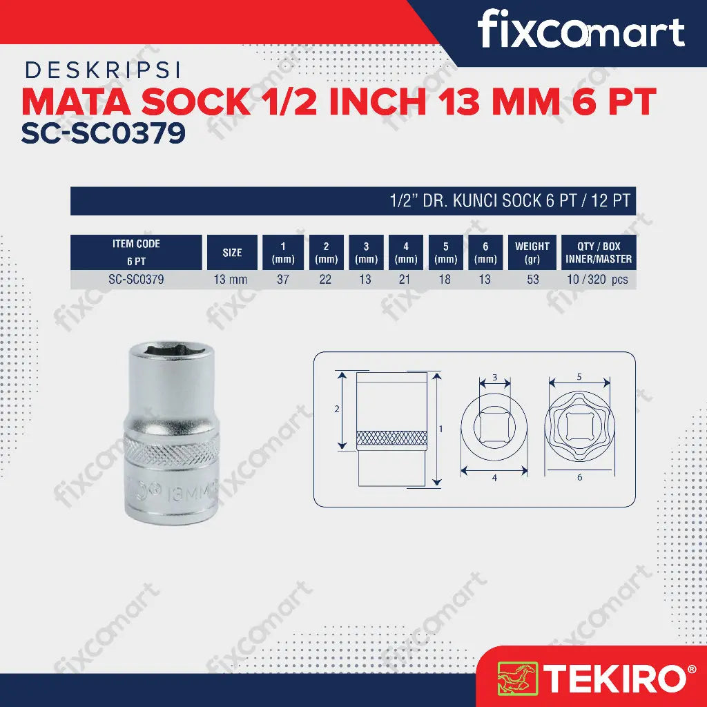 Tekiro Mata Sock 1/2 Inch 13 mm 6PT FIXCOMART