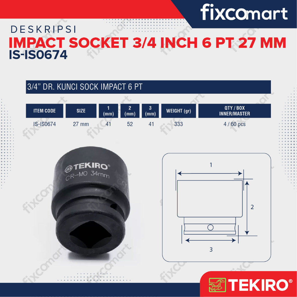 Tekiro Impact Socket 3/4 inch 6 PT 27 mm / mata sock impact