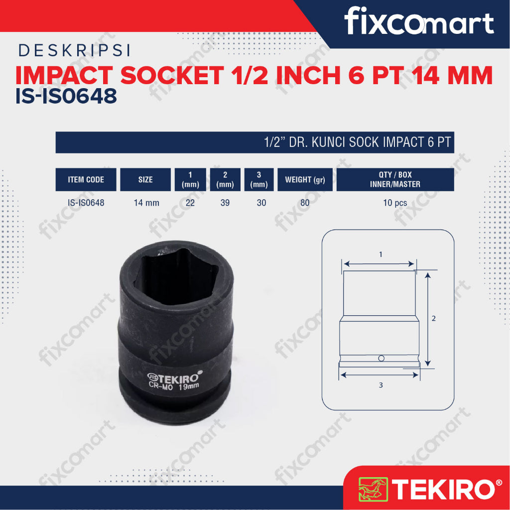 Tekiro Impact Socket 1/2 inch 6 PT 14 mm / mata sock impact