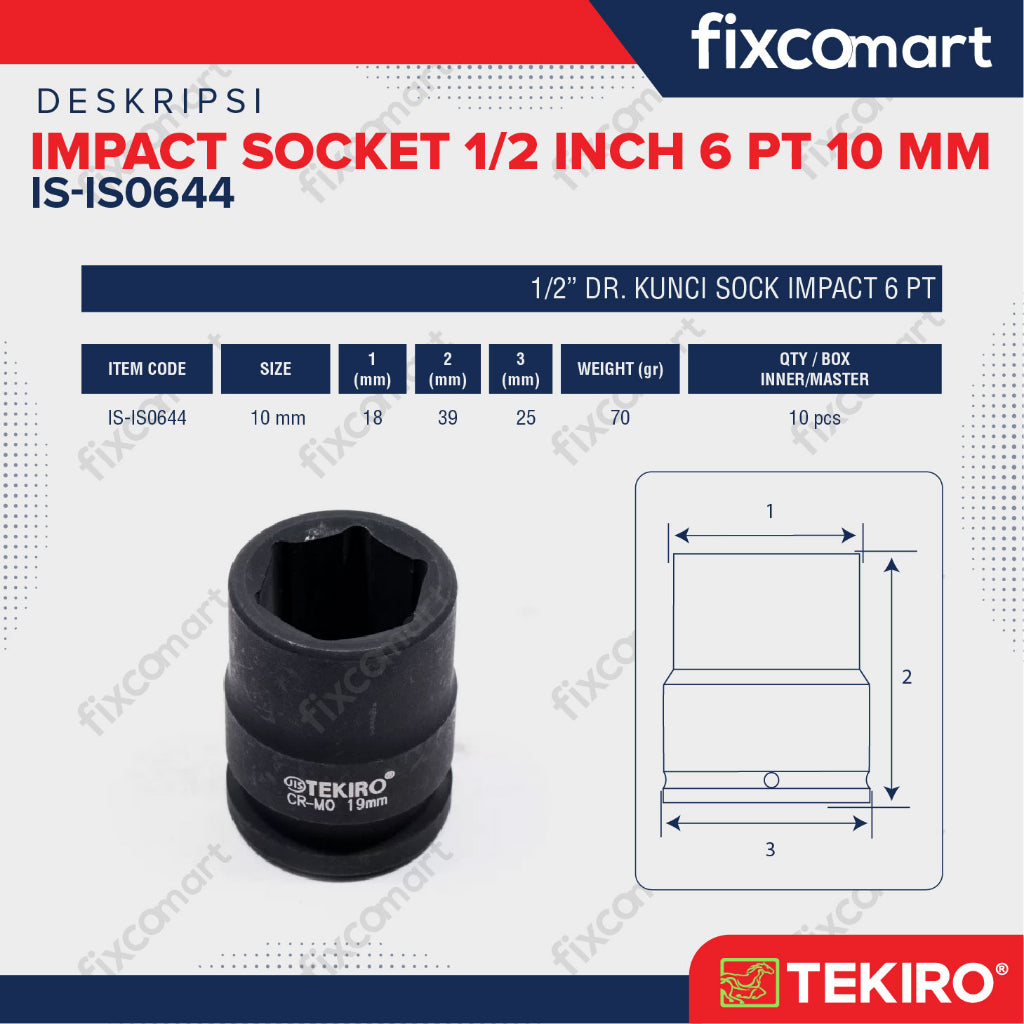 Tekiro Impact Socket 1/2 inch 6 PT 10 mm / mata sock impact