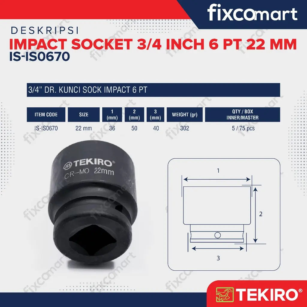Tekiro Socket Impact 3/4 Inch 22 mm 6 Pt Mata Sock Impact FIXCOMART