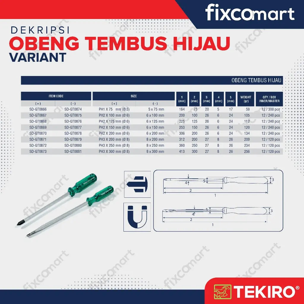 Tekiro Obeng Tembus Hijau (+) Ph2 X 150 Mm / Tekiro Obeng Go Thru FIXCOMART