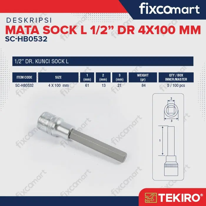 Tekiro Hex Bit Socket 1/2" (4x100 mm) / Mata Sock L FIXCOMART