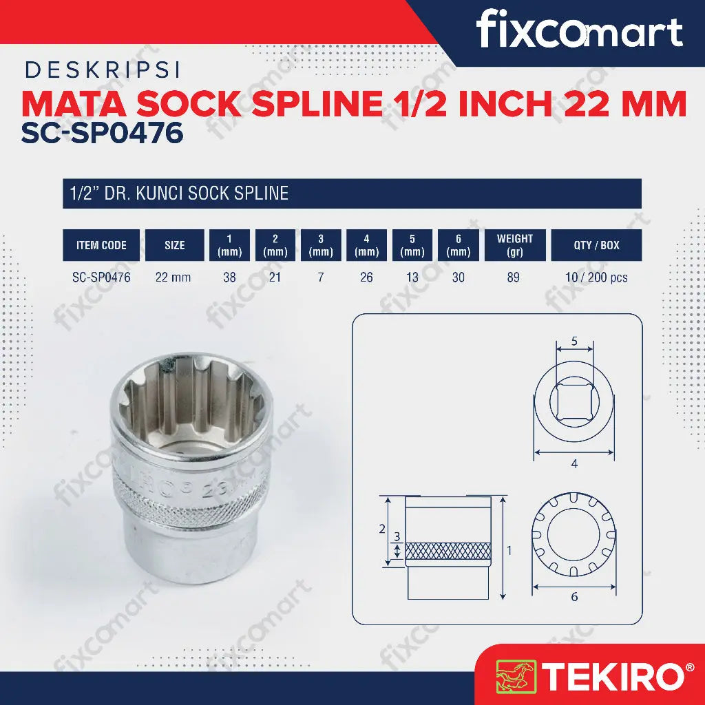 Tekiro Mata Sock Spline 1/2 Inch 22 mm / Tekiro Spline Socket FIXCOMART