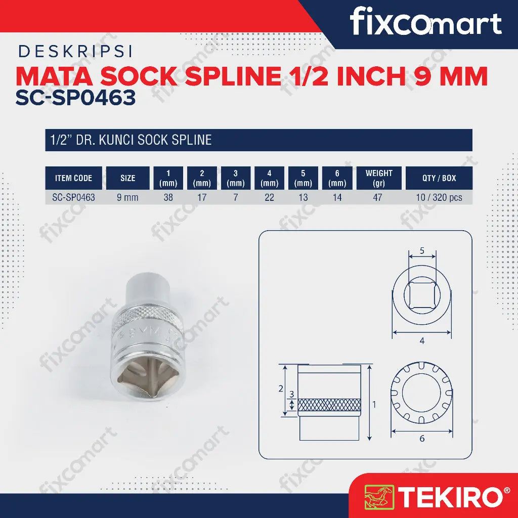 Tekiro Mata Sock Spline 1/2 Inch 9 mm Spline Socket FIXCOMART