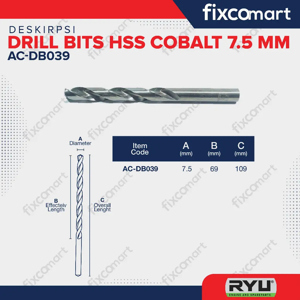 Ryu Hss Cobalt 7.5 Mm / Mata Bor Stainless FIXCOMART