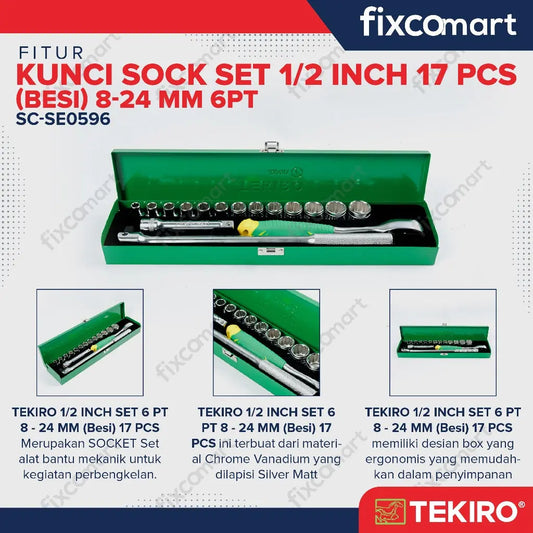 TEKIRO Kunci Socket Set 1/2" inch 6 PT /12 PT 8 ~ 24 mm + Gagang Sock FIXCOMART