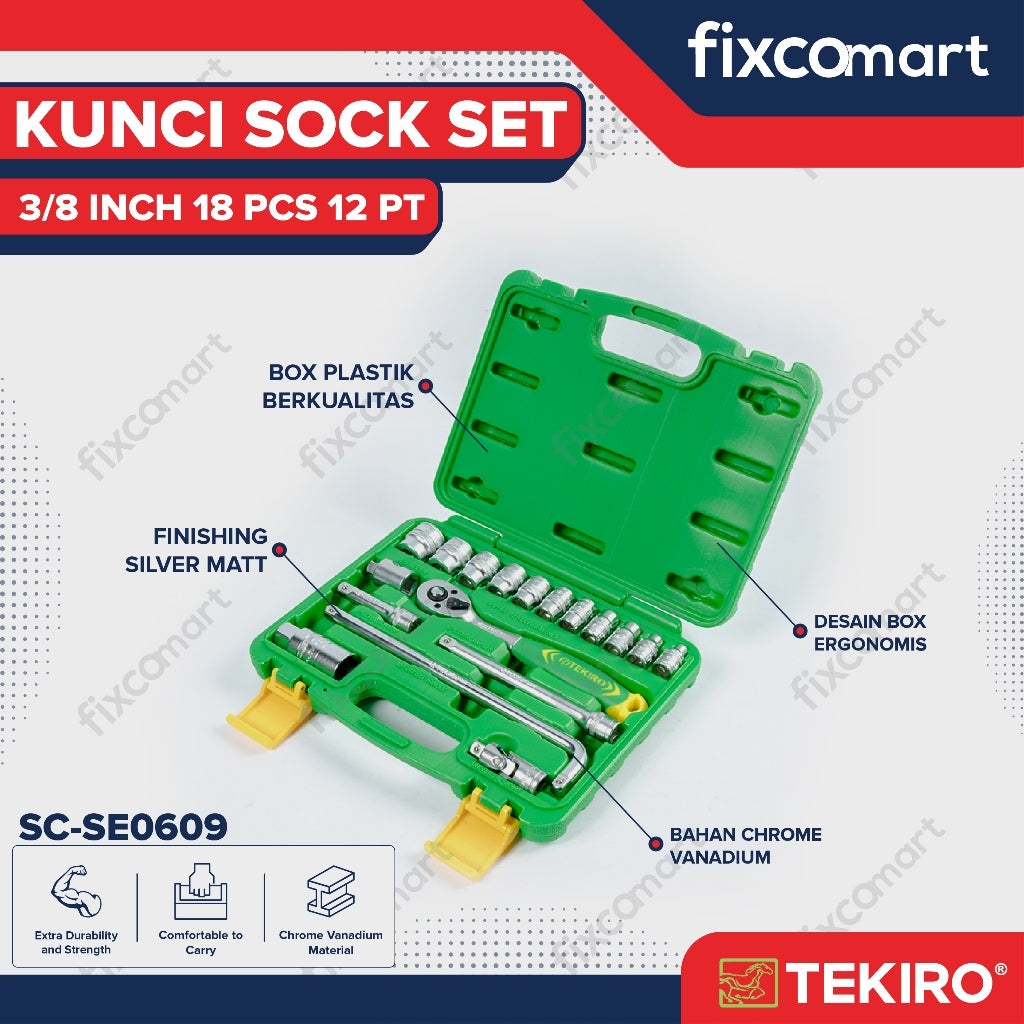 Tekiro Socket Set 18 Pcs 3/8 Inch (6-22 Mm) 12Pt Box Plastik / Tekiro Kunci Sock Set