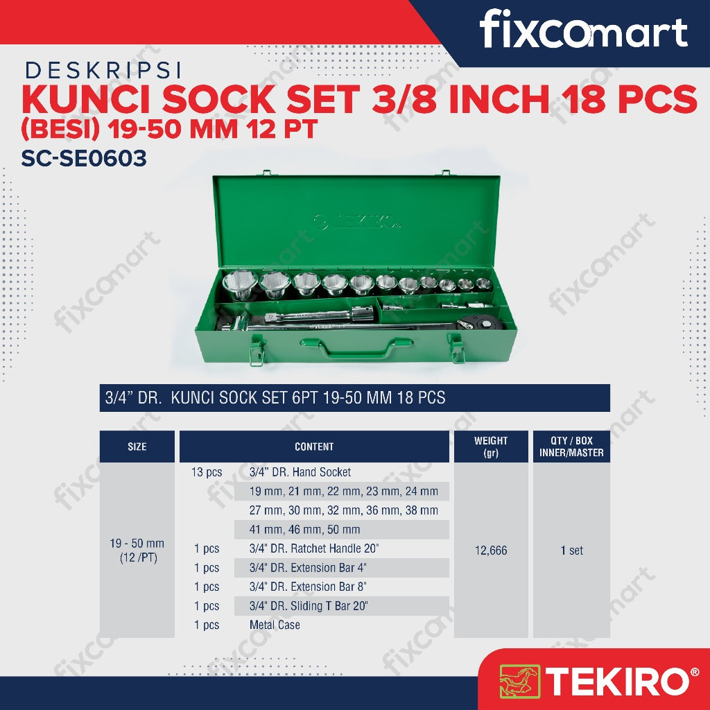 Tekiro Socket Set 3/4 Inch 18 Pcs (19-50 Mm) 12Pt / Tekiro Kunci Sock Set