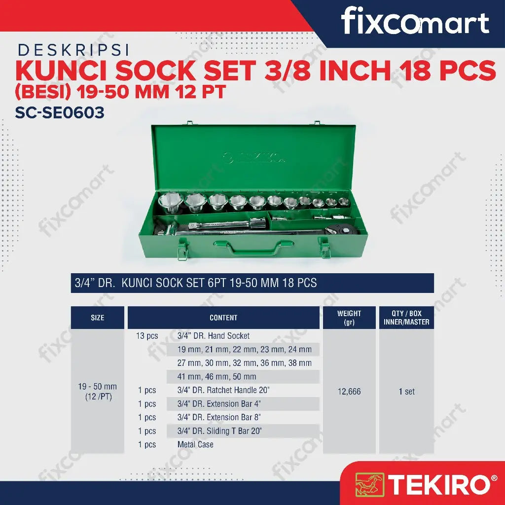 Tekiro Socket Set 3/4 Inch 18 Pcs (19-50 Mm) 12Pt / Tekiro Kunci Sock Set FIXCOMART
