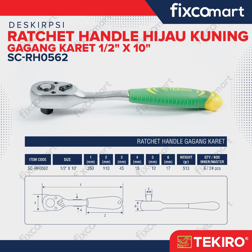 Tekiro Ratchet Handle 1/2 X 10 Inch (Gagang Karet) / Tekiro Ratchet Handle Karet
