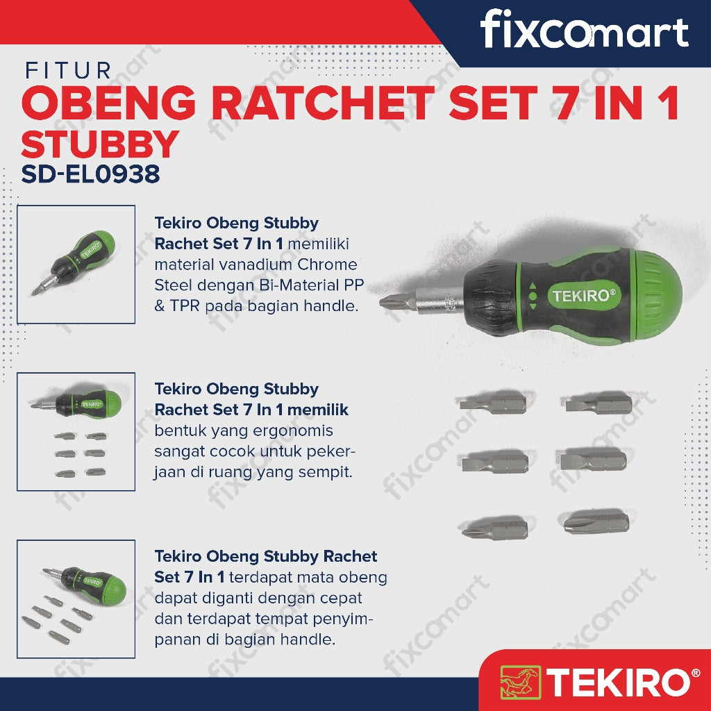 Tekiro Obeng Ratchet Set 7 Pcs Stubby / Tekiro Stubby Ratchet & Bits 7 Pcs / Obeng Cebol