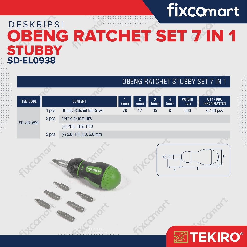 Tekiro Obeng Ratchet Set 7 Pcs Stubby / Tekiro Stubby Ratchet & Bits 7 Pcs / Obeng Cebol