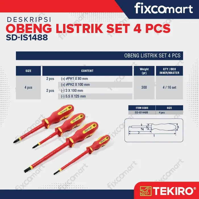 Tekiro Obeng Listrik Set 4 pcs FIXCOMART