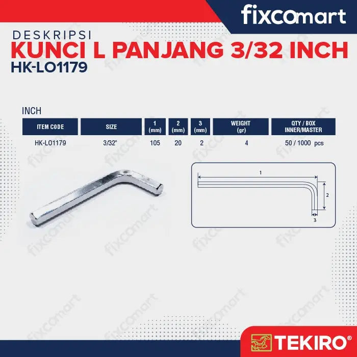 Tekiro Kunci L Panjang 3/32 inch / Hex Key Long FIXCOMART