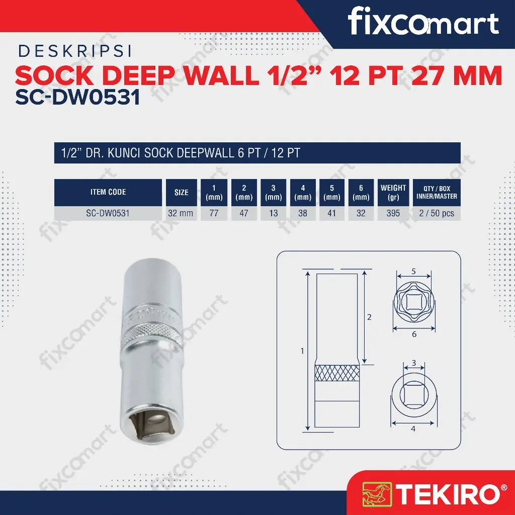 Tekiro Mata Sock Deep Wall 1/2 Inch 12PT 32 mm FIXCOMART