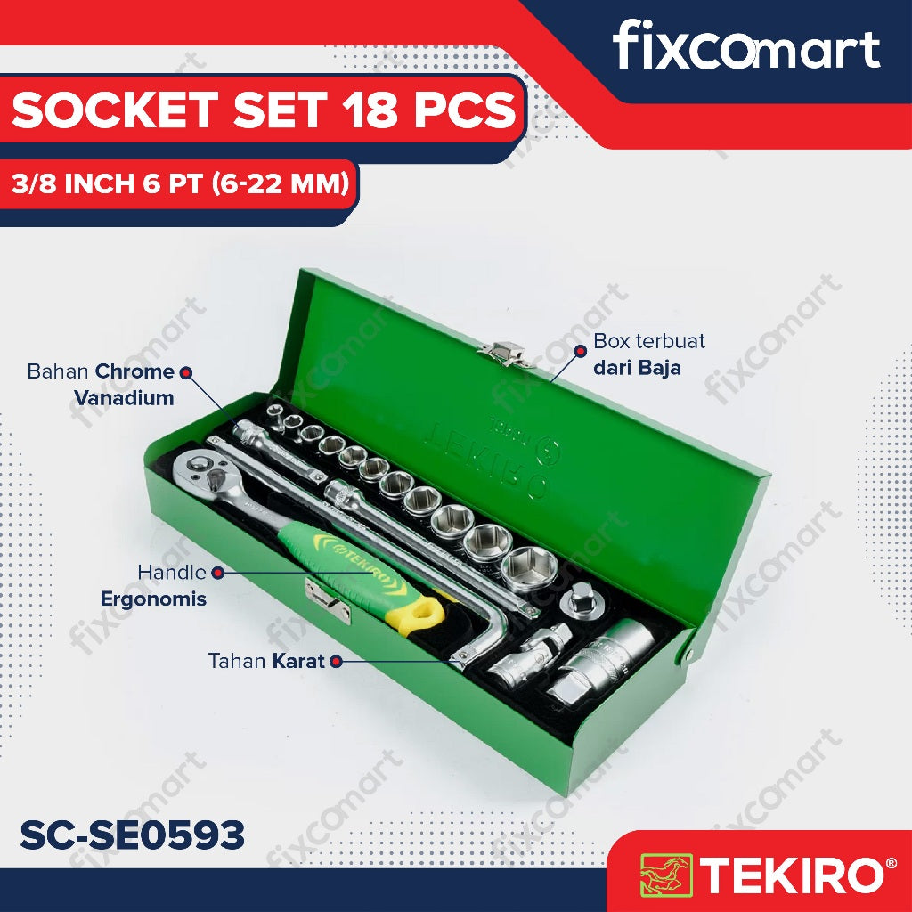 Tekiro Socket Set 18 Pcs 3/8 inch 6-22 mm 6PT / Sock Set