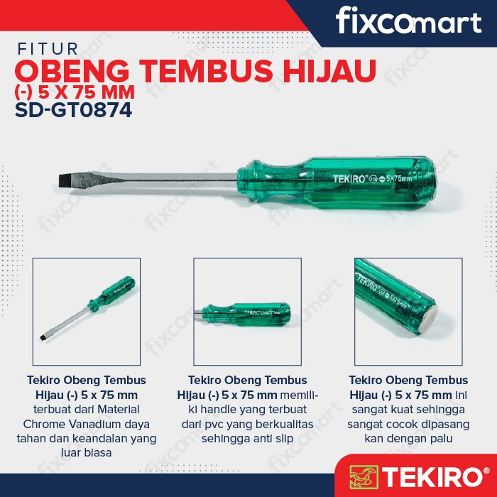 Tekiro Obeng Tembus Hijau (-) 5 X 75 Mm / Tekiro Obeng Go Thru