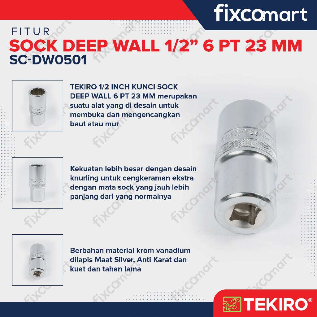 TEKIRO Sock Deep Wall / Mata Sock Panjang 1/2 Inch 6 PT - 23 mm