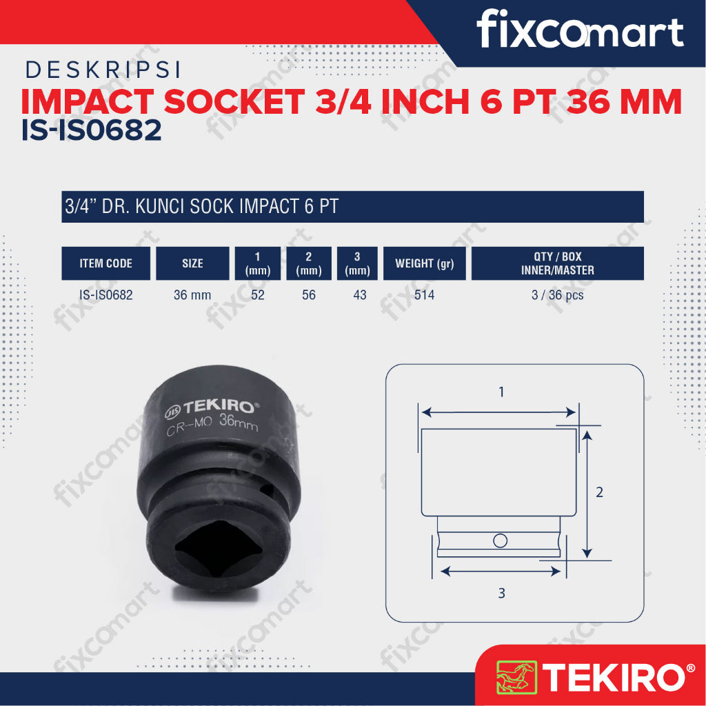 Tekiro Impact Socket 3/4 inch 6 PT 36 mm / mata sock impact