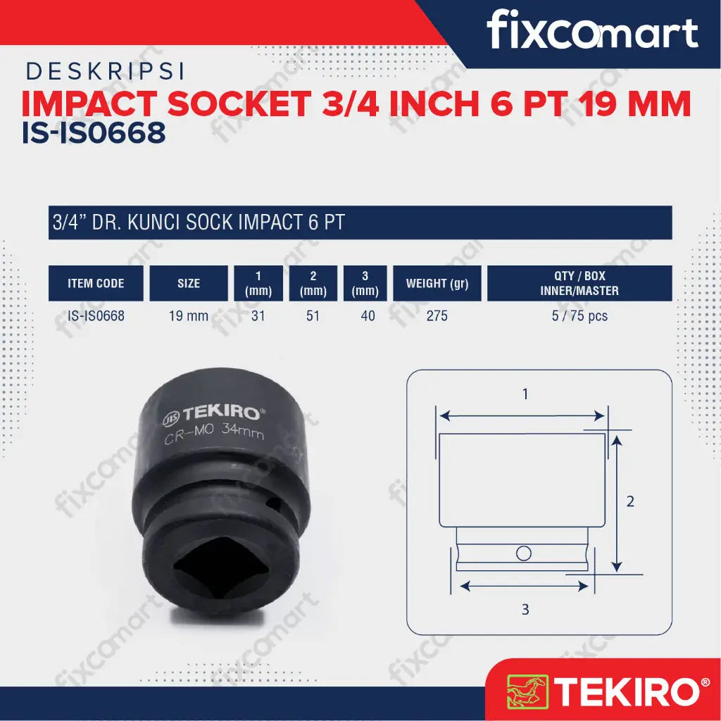 Tekiro Impact Socket 3/4 inch 6 PT 19 mm / mata sock impact FIXCOMART