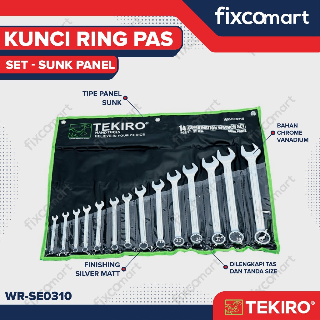 Tekiro Combination Wrench Set / Kunci Ring Pas Set 14 Pcs (8-32 Mm) Sunk Panel