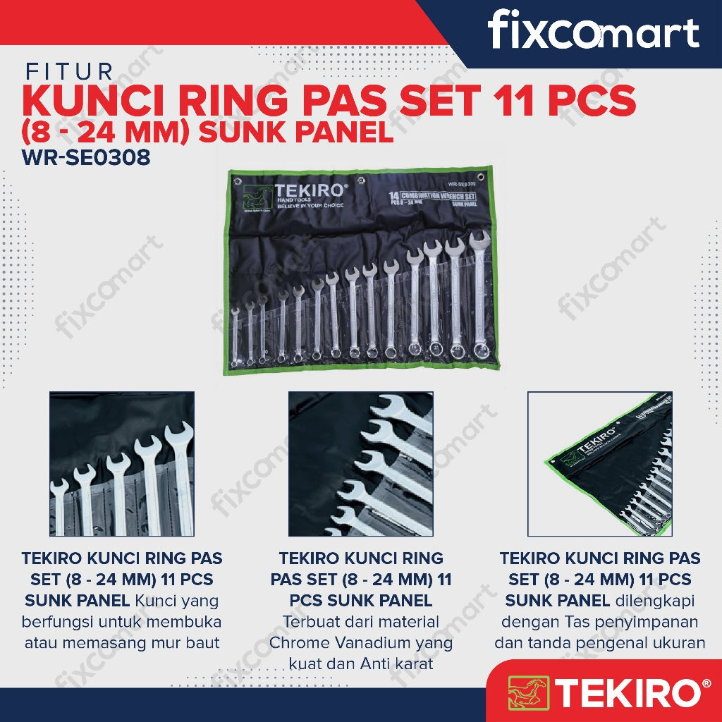 Tekiro Combination Wrench Set / Kunci Ring Pas Set 11 Pcs (8-24 Mm) Sunk Panel