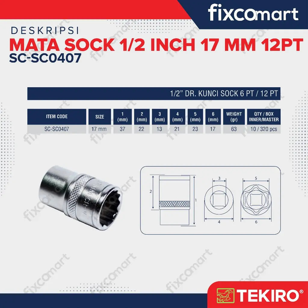 Tekiro Socket 1/2 inch 17 mm 12 PT FIXCOMART