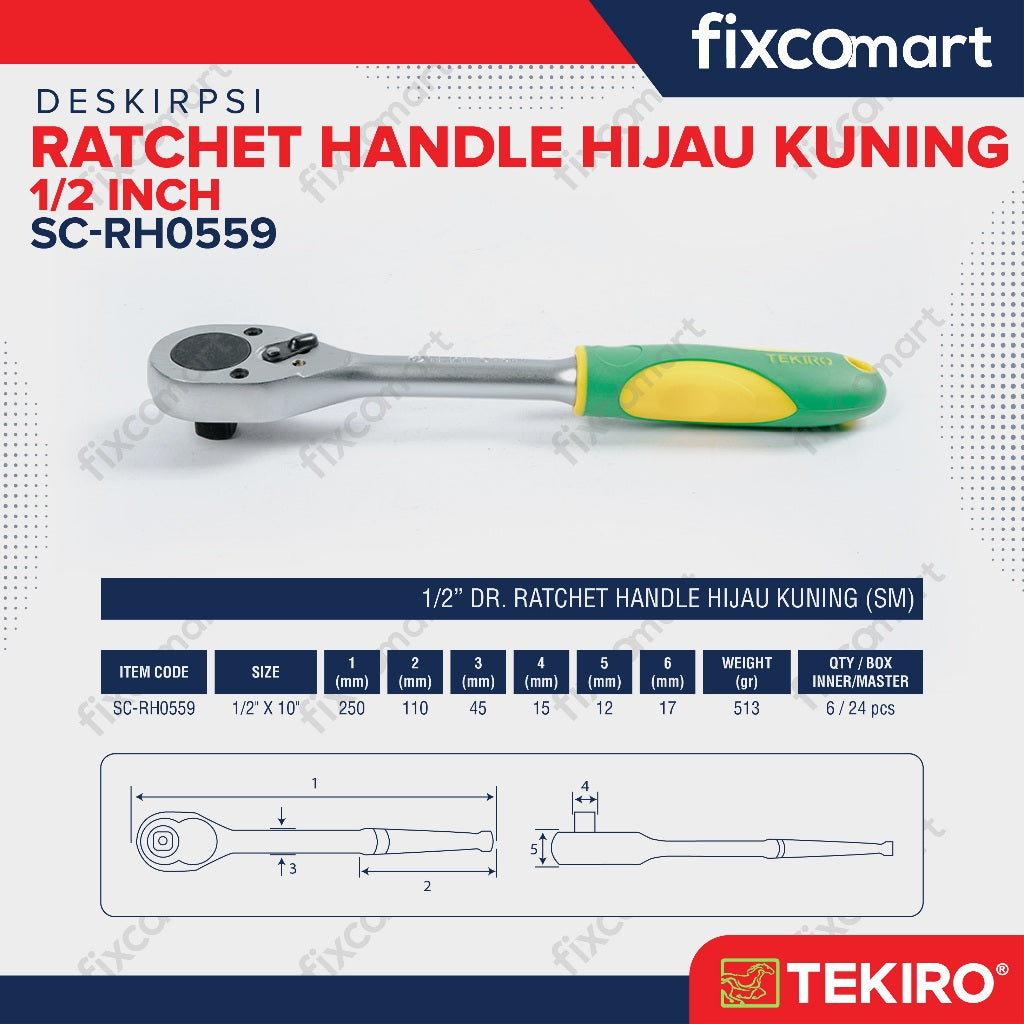 Tekiro Ratchet Handle 1/2 X 10 Inch (Hijau Kuning) / Tekiro Gagang Ratchet