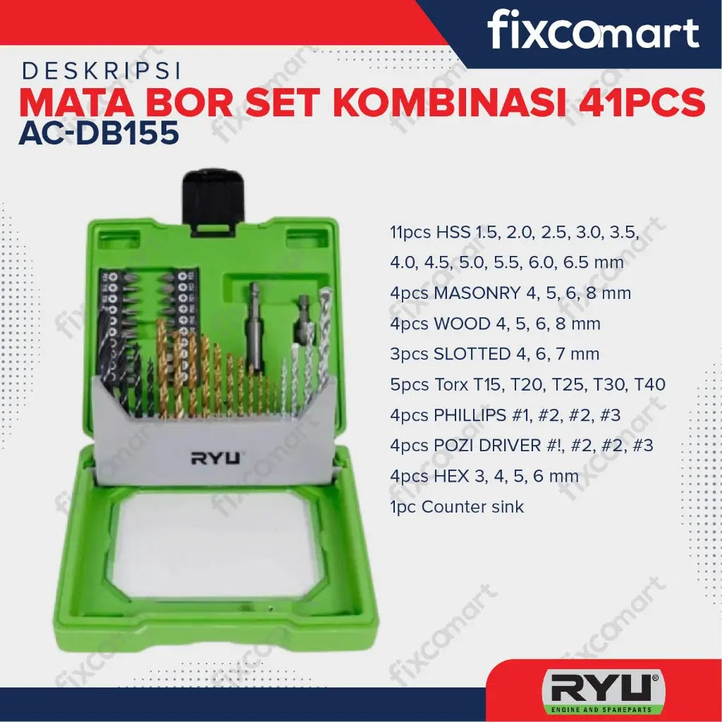 RYU Paket Murah Set Bor 10 mm RDR 10-3 RE Mata Bor 41 Pcs FIXCOMART