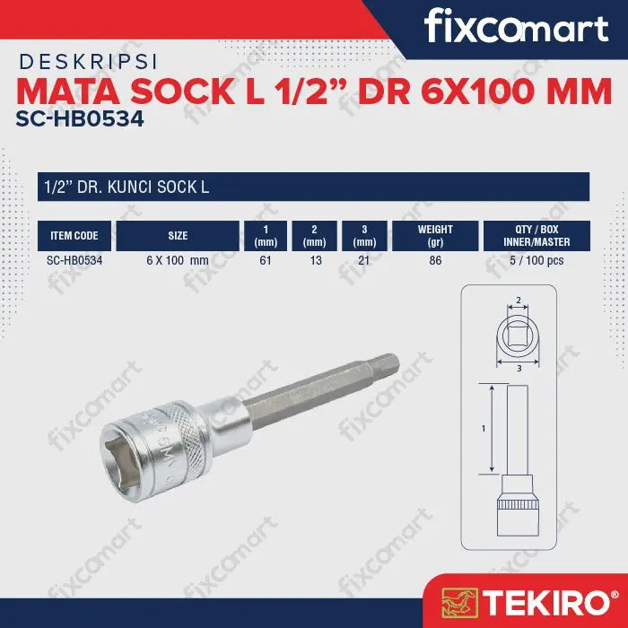Tekiro Hex Bit Socket 1/2 Inch 6 X 100 mm Mata Sock L FIXCOMART