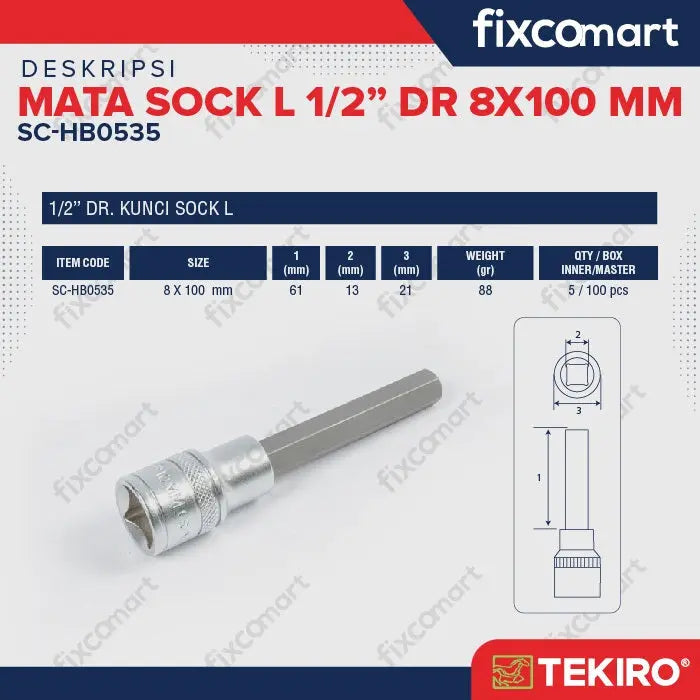 Tekiro Mata Sock L 1/2 Inch 8 X 100 Mm / Tekiro Hex Bit Socket FIXCOMART