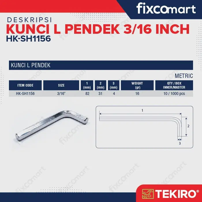 Tekiro Kunci L Pendek 3/16 inch / Hex Key Short FIXCOMART