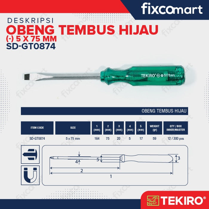 Tekiro Obeng Tembus Hijau (-) 5 X 75 Mm / Tekiro Obeng Go Thru