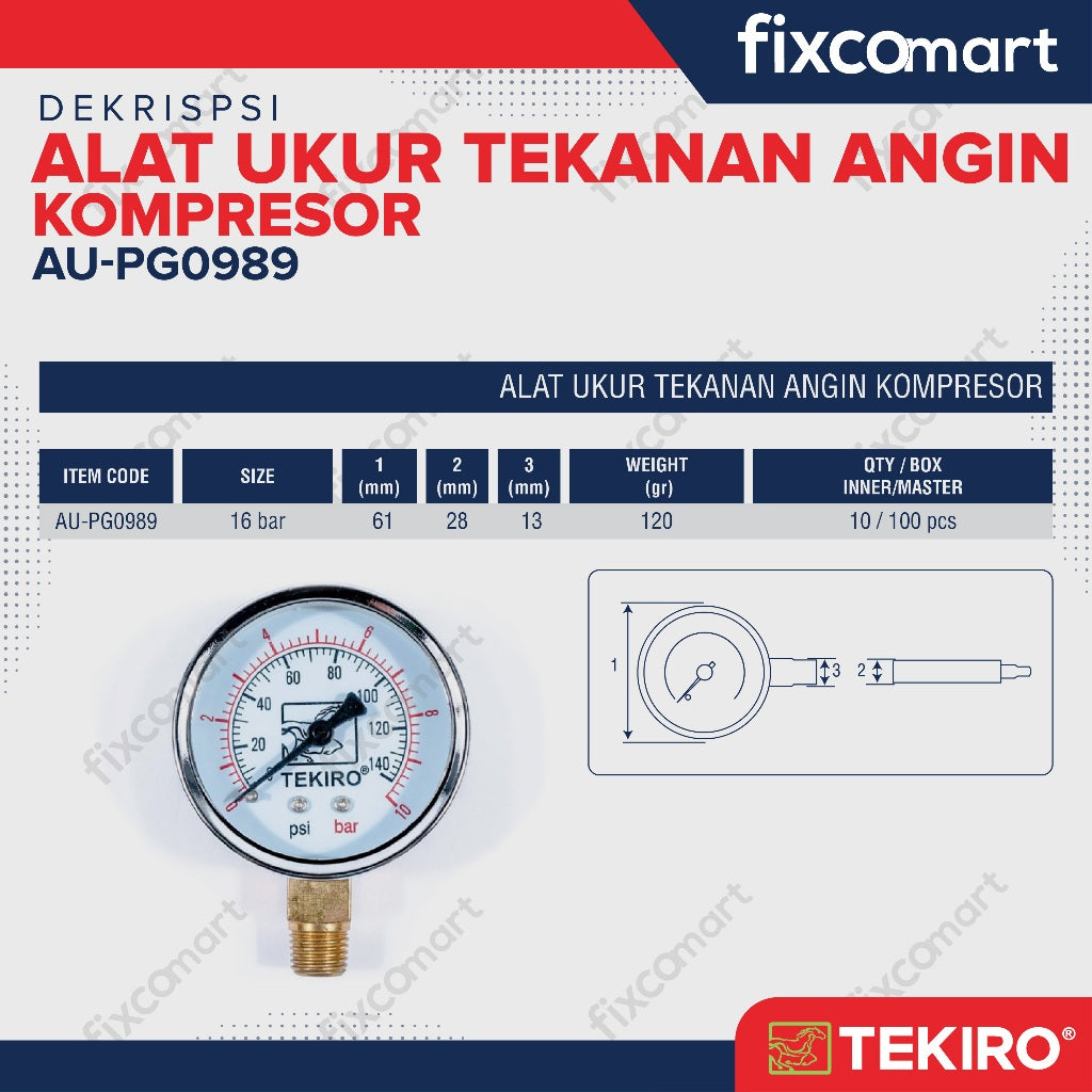 Tekiro Alat Ukur Tekanan Angin Ban 16 Bar / Pressure Gauge