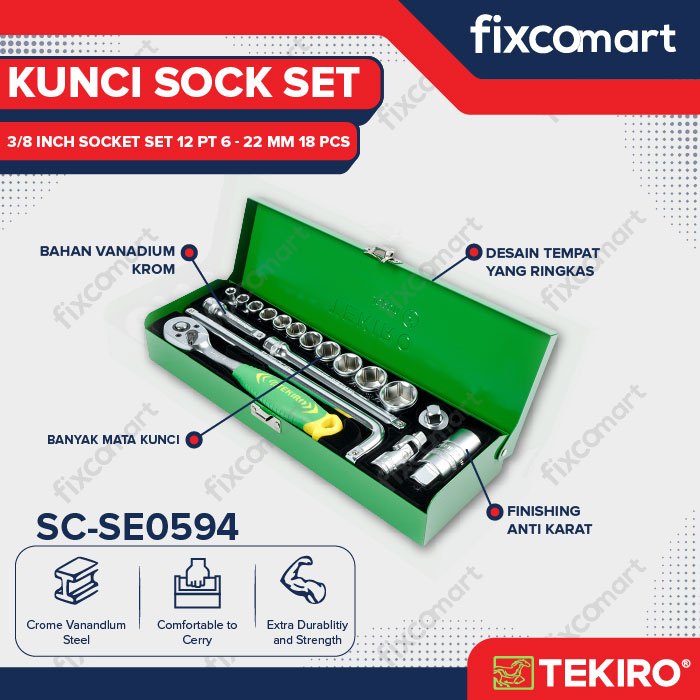 Tekiro Socket Set 3/8 inch 18 Pcs 6-22 mm 12PT / Sock Set