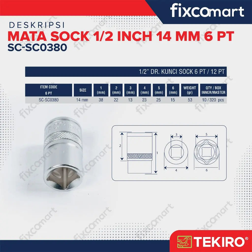 Tekiro Mata Sock 1/2 Inch 14 mm 6PT FIXCOMART