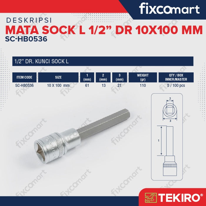 Tekiro Hex Bit Socket 1/2 inch 10x100 mm / Mata Sock L