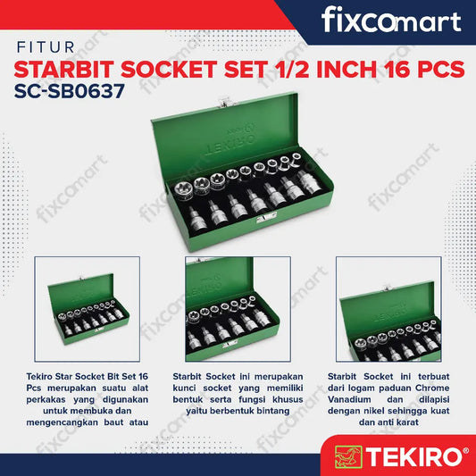 Tekiro Starbit Socket Set 1/2 Inch 16 Pcs FIXCOMART
