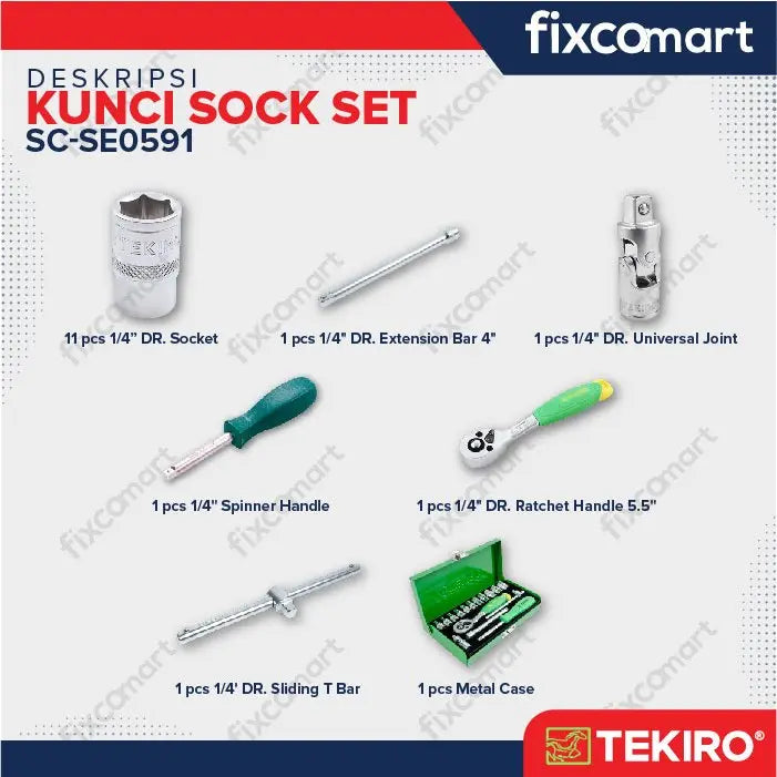 Tekiro Socket Set 1/4 Inch 17 Pcs 6Pt (4-12 Mm) Box Kaleng / Tekiro Kunci Sock Set FIXCOMART