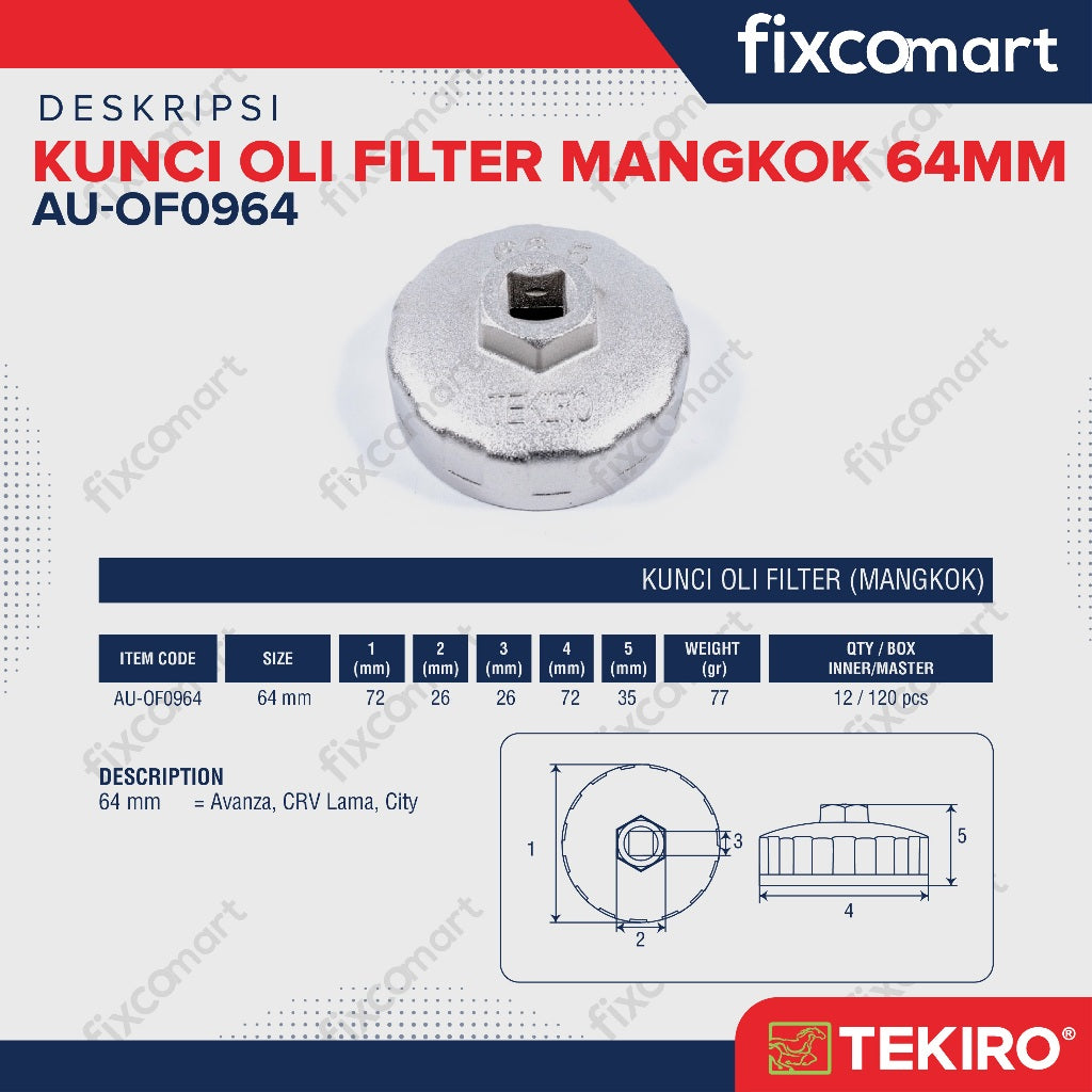 Tekiro Kunci Oil Filter Mangkok 64 Mm / Kunci Oil Filter Avanza, Crv, City
