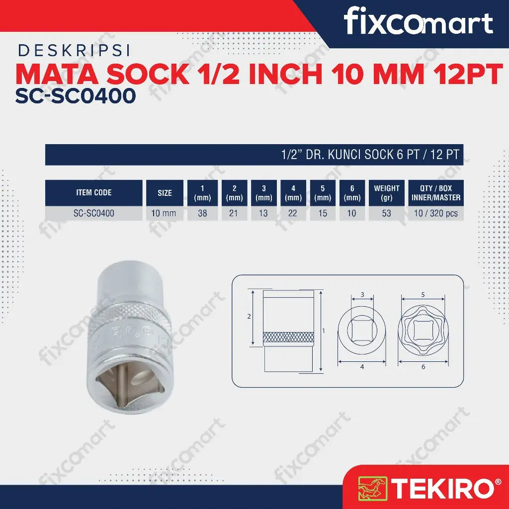 Tekiro Socket 1/2 inch 10 mm 12 PT FIXCOMART