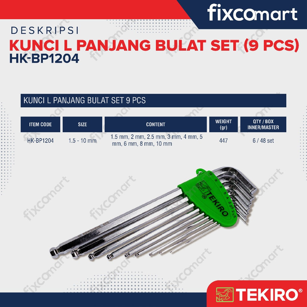 Tekiro Kunci L Ballpoint Set 9 Pcs Panjang / Kunci L Set