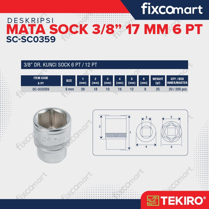 Tekiro Socket 3/8 inch 17 mm 6 PT / Mata Sock 3/8 Inch