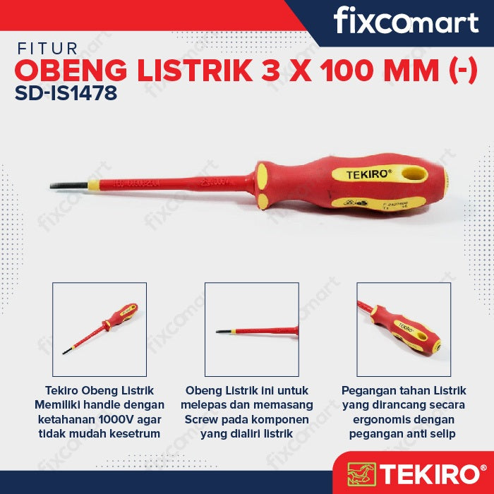 Tekiro Obeng Listrik (-) 3 X 100 mm / Tekiro Obeng Min / Obeng Plat