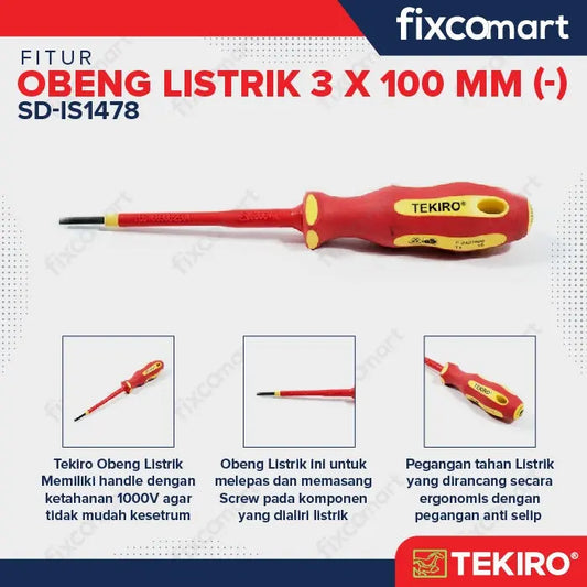 Tekiro Obeng Listrik (-) 3 X 100 mm / Tekiro Obeng Min / Obeng Plat FIXCOMART